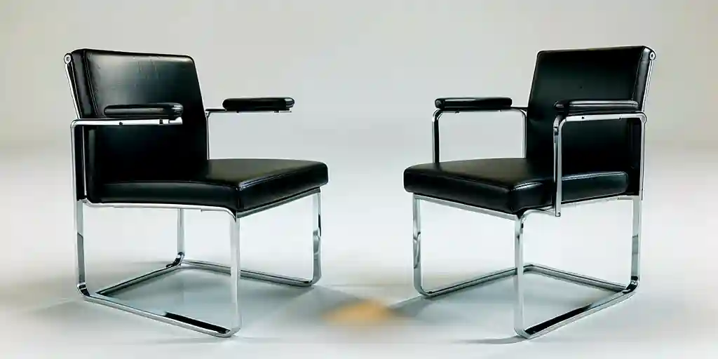 Two sleek, modern black chairs with chrome frames, showcasing a minimalist design, generated using an AI 3D model generator.