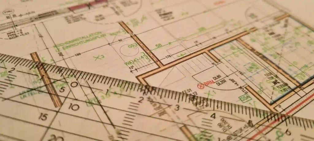 Close-up of a detailed floor plan with measurement tools, illustrating the use of an AI floor plan generator for precise architectural design.