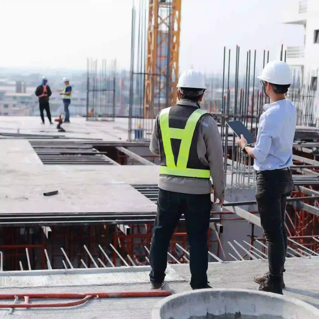 Construction professionals on-site using AI in AEC for project management, safety, and efficiency improvements. Two workers in safety gear review progress.