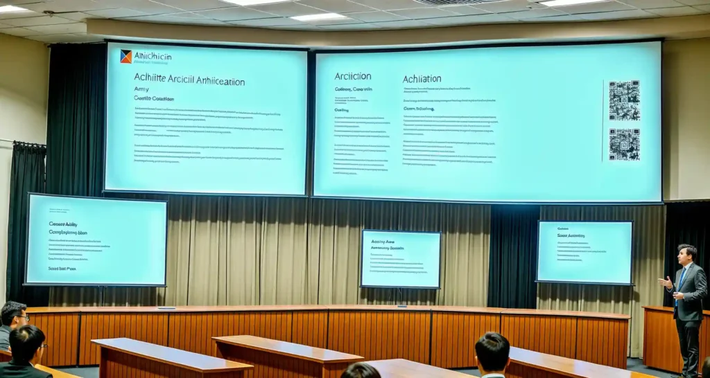 Architect giving a presentation in a conference room with multiple large screens displaying architectural content, illustrating a professional architectural presentation setting.