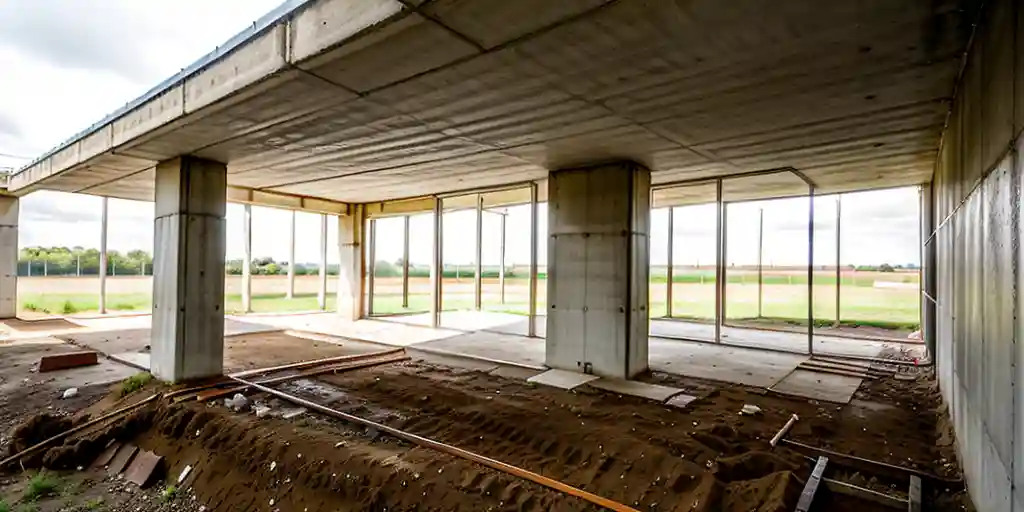 Interior view of a concrete structure under construction, captured during an architectural survey to assess progress and structural elements.