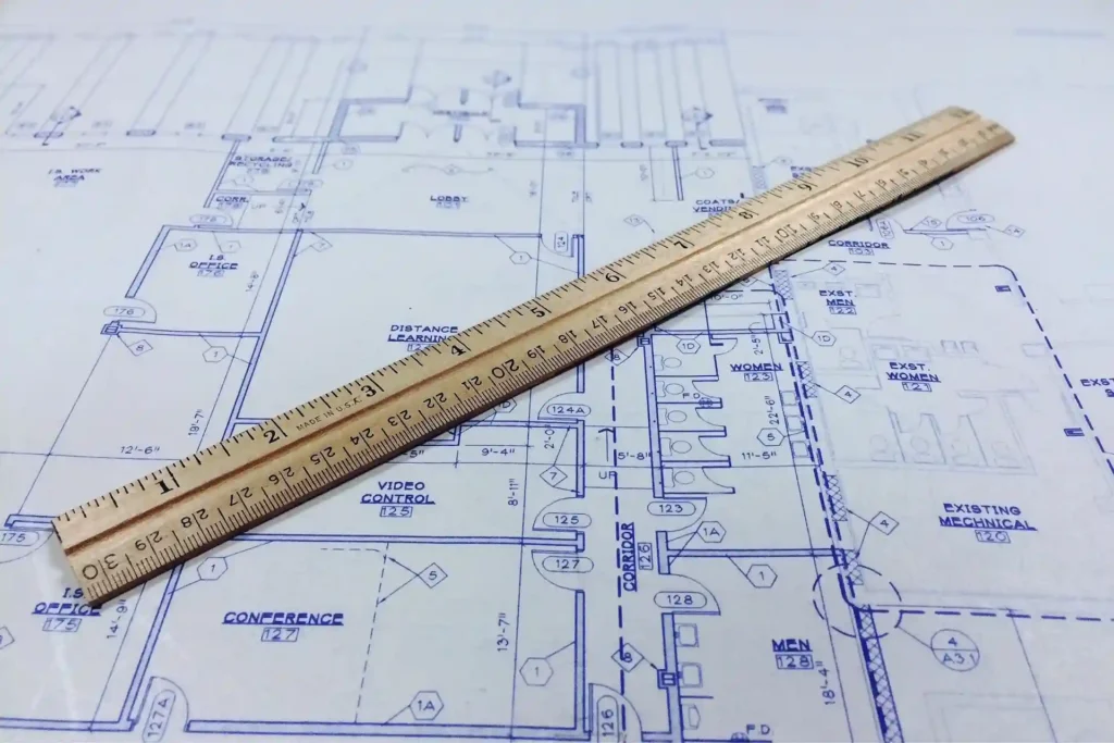 Detailed architectural blueprint with a wooden ruler placed on top, showcasing the precision achievable with Architecture AI Tools, such as a floor plan generator.