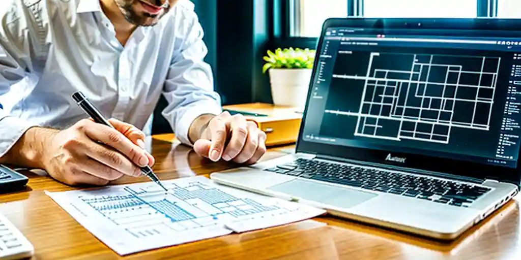 Architect working at a desk with a laptop displaying a digital floor plan, utilizing BIM tools for precise project design and analysis.