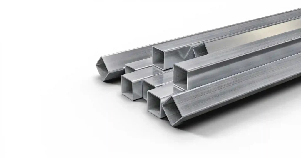 Stack of metallic rectangular steel beams, representing building materials featured in a building supplies catalog.