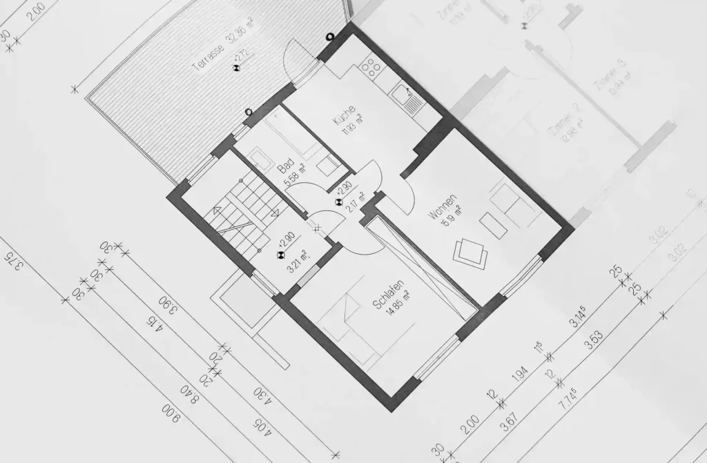 Detailed floor plan drawing with precise measurements, representing the preliminary design phase in architectural projects.