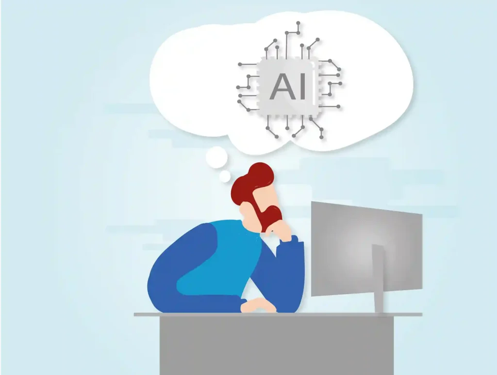 Illustration of a person sitting at a desk, thinking about AI, with a thought bubble showing an AI chip, symbolizing the role of an AI assistant in architecture.