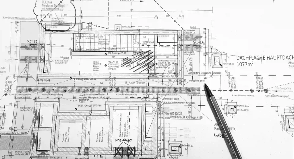 Detailed architectural blueprint with precise measurements and annotations, showcasing the use of an AI documentation tool for project accuracy.