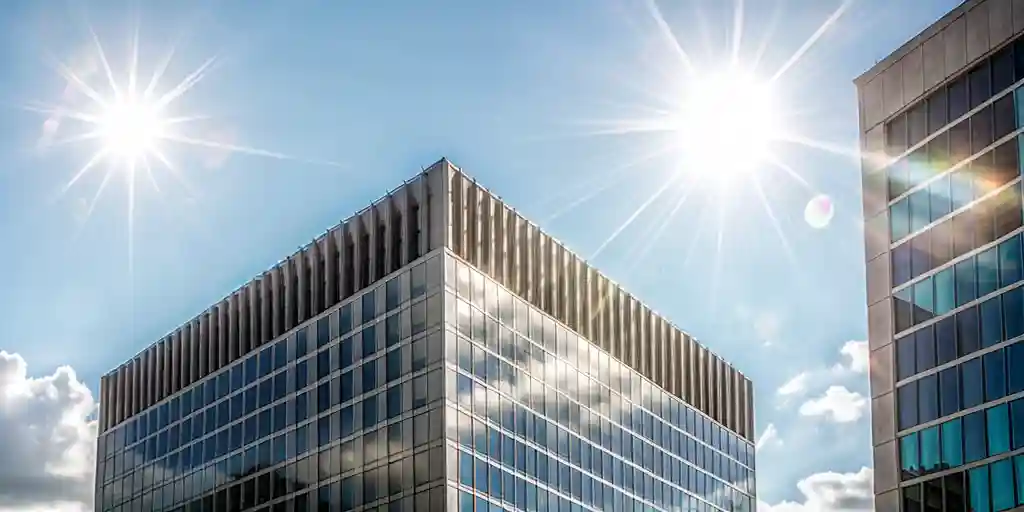 Modern glass office building reflecting sunlight, symbolizing the use of building analytics for energy efficiency and structural performance monitoring.