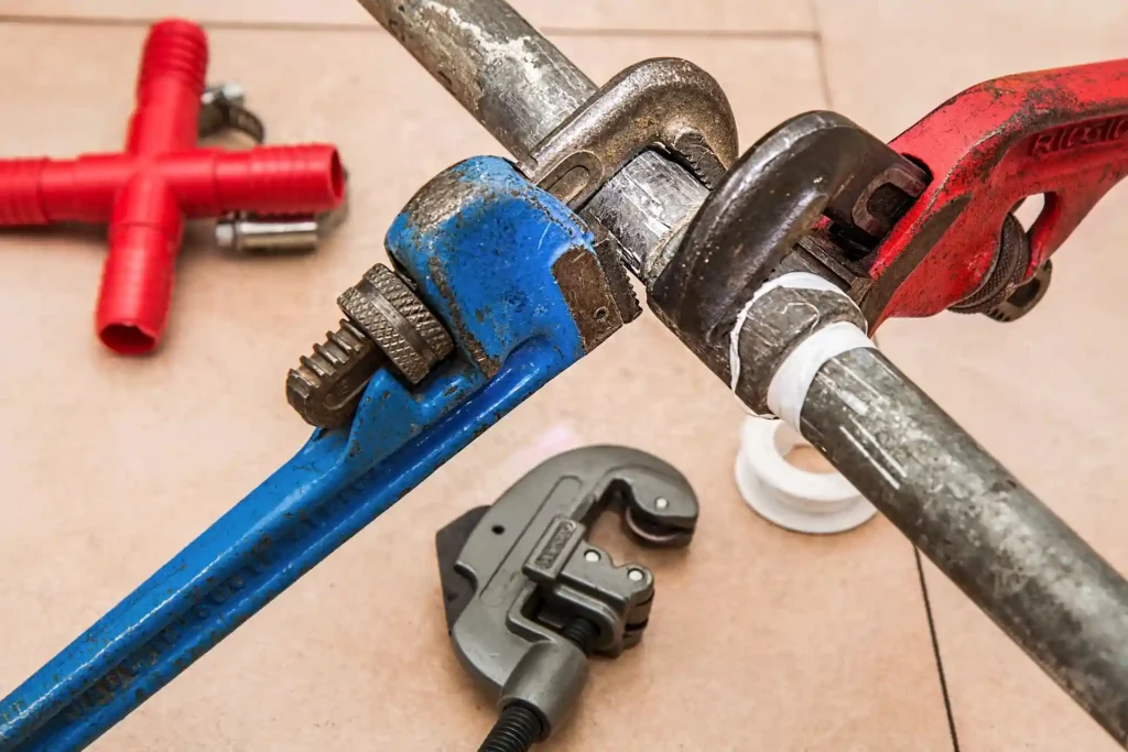 Close-up of plumbing tools in use, highlighting a pipe repair process during a building maintenance task.